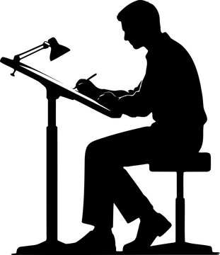 Silhouette of a person drawing or writing at a drafting table with a lamp