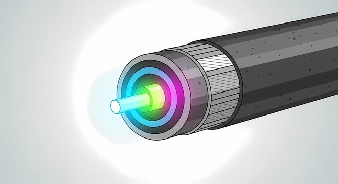 3D illustration of fiber optic cable cross-section with glowing core for high-speed data and telecommunications technology.