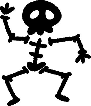 Hand drawn funny skeleton dancer silhouette doodle, cute spooky waving bone mascot clipart PNG for Halloween party invitation and sticker design