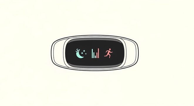 Minimalist vector illustration of a digital fitness tracker screen displaying sleep monitoring, health data bar charts, and running activity icons for daily wellness tracking.