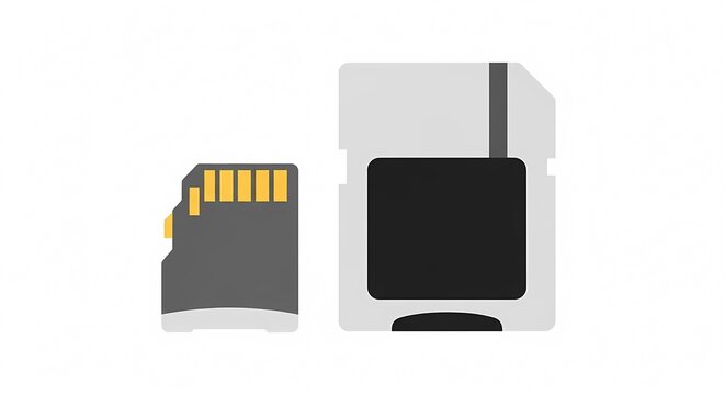 Minimalist vector illustration of micro SD memory card and adapter isolated on white, symbolizing digital data storage and portable electronic hardware.