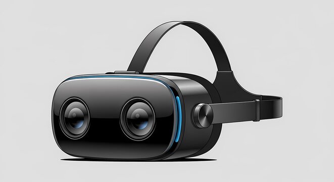 Modern black virtual reality headset with dual integrated lenses and blue led glowing accents isolated on gray background for gaming and metaverse experiences.