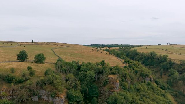 Aerial drone establishing shot rising above a tree-lined rocky gorge to reveal sweeping agricultural fields divided by traditional dry stone walls in the scenic Peak District under an overcast sky
