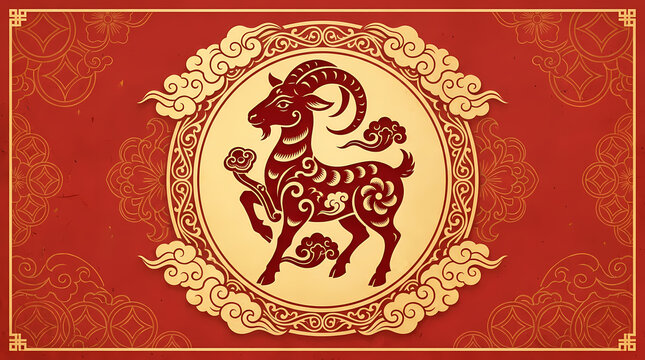 Chinese Zodiac Goat Illustration: An ornate illustration of the Chinese zodiac Goat, rendered in traditional red and gold motifs, symbolizing good fortune and prosperity.