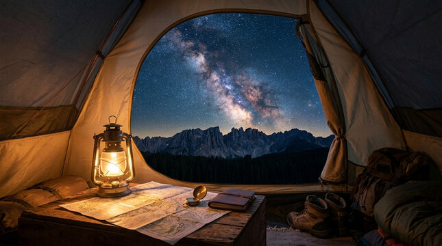 Night camping view from inside a tent looking out at the Milky Way galaxy over a mountain range with a lit lantern and map on a wooden crate