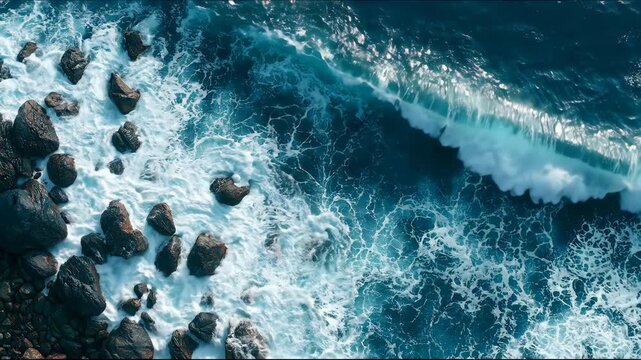 Top view of crystal clear turquoise ocean water splashing against rocky shore and sandy beach background