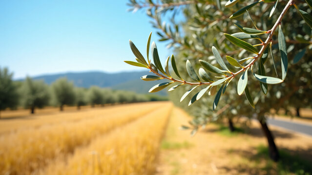 Olive Grove Bordering Golden Field with Copy Space