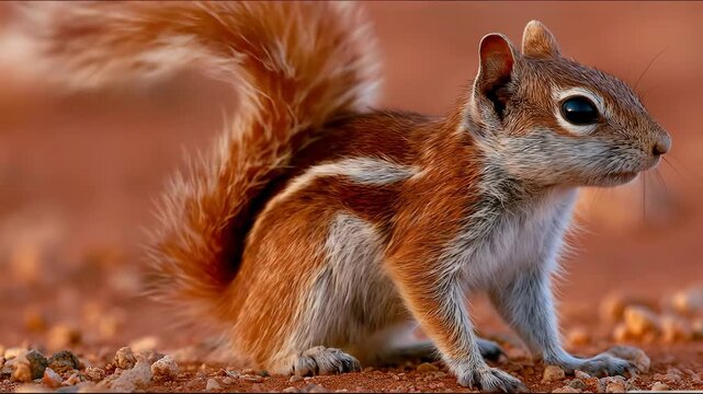 Side view close up portrait of red squirrel sitting on ground in warm natural sunlight habitat.