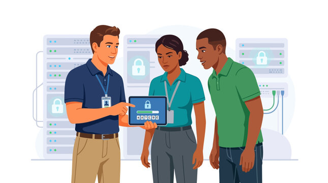 IT Professional Demonstrates Password Security on Tablet in Server Room