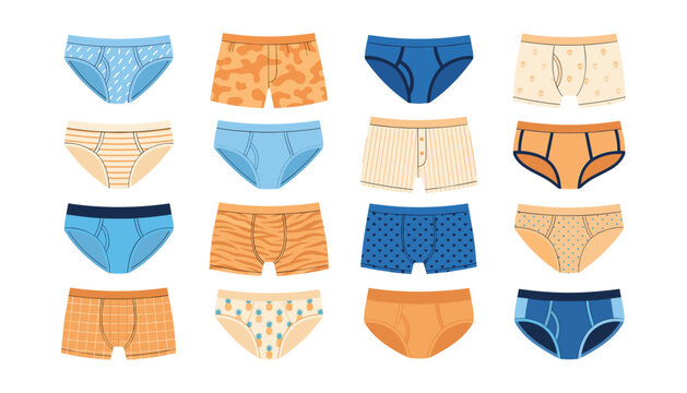 Vector set of men underwear types, flat cartoon icons of male briefs and boxers shorts on white background