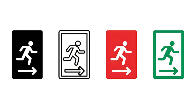 Running man evacuation signs in different colors