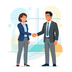 Fototapeta premium Business handshake: a man and woman in suits shaking hands in a modern office with abstract background