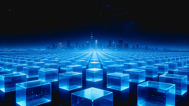 3D rendering of glowing blue digital cubes arranged in a grid, with a distant futuristic city skyline under a starry night sky, representing data and technology.