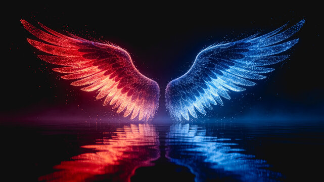 Symmetrical glowing red fire and blue ice wings rest above a reflective dark water surface, creating a magical, contrasting visual effect.