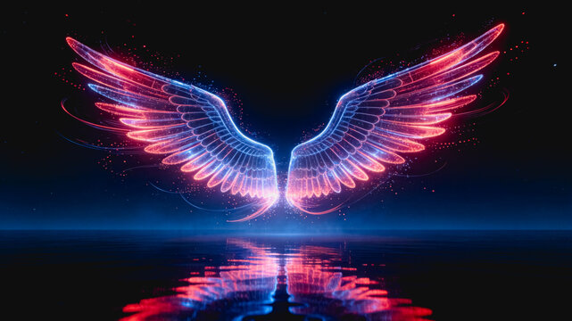 Ethereal glowing neon wings with red and blue hues, their reflection visible on a dark calm water surface, set against a deep dark background.