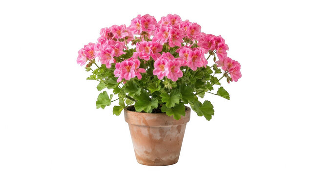 Pink geranium flowers growing in rustic clay pot on white background perfect for home garden decoration and house plants.