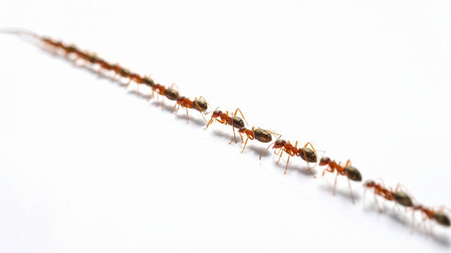 Line of cute ants marching on white background in search of food