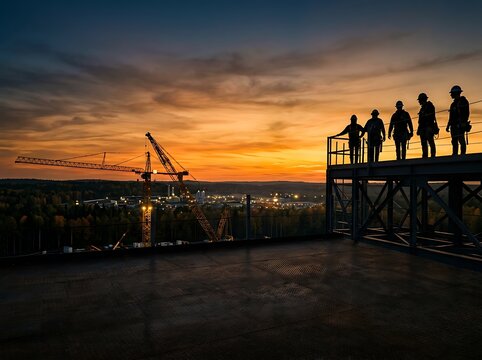 Construction Workers Standing on Elevated Platform at Sunset Over Industrial Construction Site