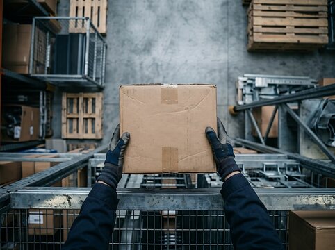 Warehouse Worker Handling Cardboard Box on Conveyor System in Industrial Logistics and Distribution Facility