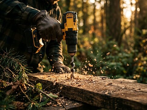 Worker Using Cordless Power Drill on Wooden Timber in Forest Outdoor Woodworking Setting
