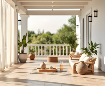 Terrasse ext&eacute;rieure blanche avec colonnes classiques, garde-corps en bois blanc, fauteuils confortables et vue sur un jardin verdoyant baign&eacute; de lumi&egrave;re naturelle douce en fin d'apr&egrave;s-midi