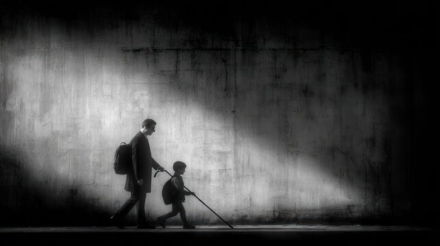 Father and son, walking, grayscale, illuminated path