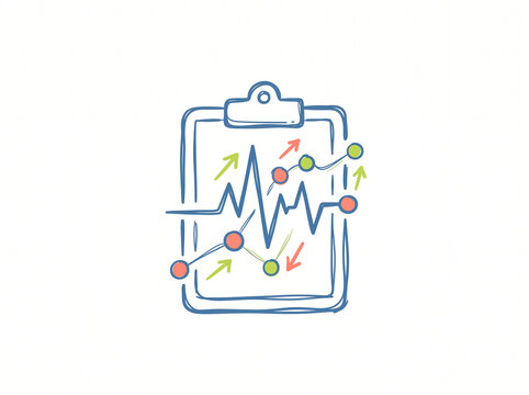 Hand drawn doodle style icon of a clipboard with growth charts and analytics data for business statistics