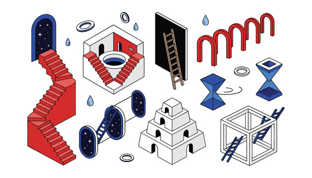 Surreal isometric geometric shapes vector set with impossible stairs illusion ladders portals arches and abstract paradox architecture