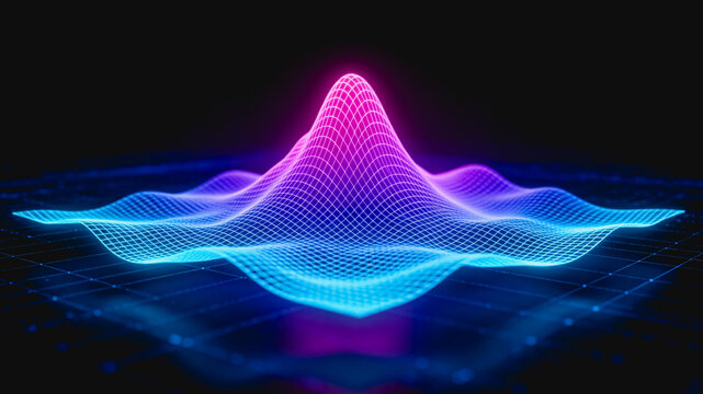 A 3D glowing wireframe waveform visualization, representing digital data signals and frequency in a futuristic style.