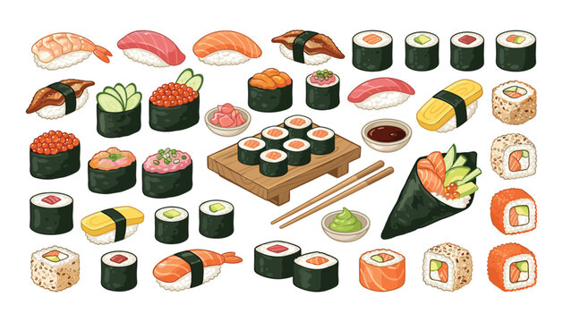 Japanese sushi roll food vector collection set with sashimi maki nigiri gunkan temaki and chopsticks