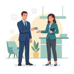Obraz premium Business people exchanging credit card or ID at reception desk, modern vector illustration