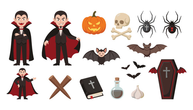 Halloween vampire elements set with count dracula characters bat coffin pumpkin spider skull and spooky witchcraft attributes vector cartoon illustration