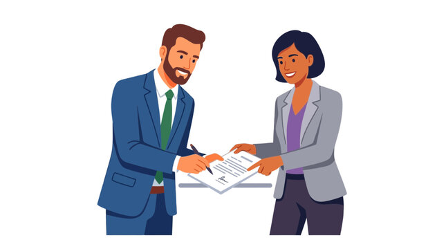 Business professionals signing a contract or agreement with a handshake
