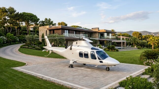 White luxury helicopter parked on helipad at modern villa with swimming pool.