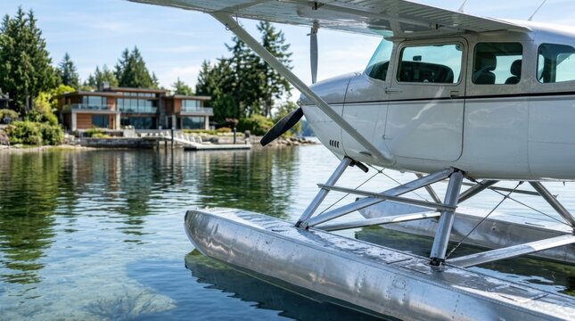 Close up of seaplane floats resting on reflective lake water near wooded shoreline.
