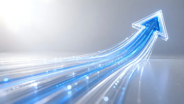 Glowing blue arrow pointing up representing business growth, financial success, and high-speed data transmission technology. Abstract 3D render of light trails moving forward.