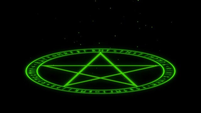 Green neon pentagram magic circle with a runic outer ring lighting up segment by segment before a central flash and rising sparks, widescreen 4k summoning spell effect on black background