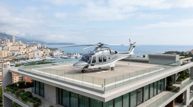 Silver helicopter on rooftop helipad overlooking city and ocean harbor.