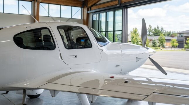 White single engine propeller airplane inside spacious modern hangar with large doors.