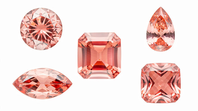 Assortment of five faceted salmon pink gemstones in various cuts on a white background diamond