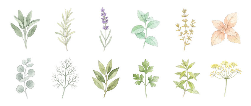 Watercolor botanical herbs illustration set of aromatic green culinary plants, rosemary sage mint lavender parsley basil eucalyptus elements isolated on black background for organic logo design.