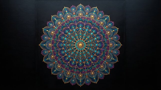 Indian mandala pattern featuring multicolored spiritual artwork isolated on dark background ornament decorative traditional