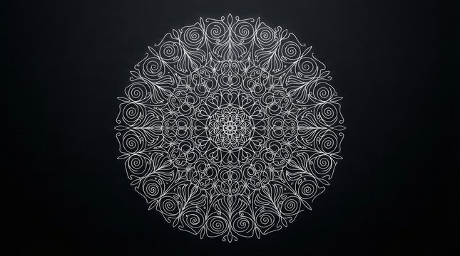 Indian mandala pattern white monochromatic detailed lace circular geometric artwork on dark background with ornament