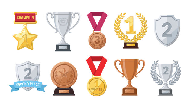 Golden silver and bronze trophy cup award badges and medals flat vector cartoon illustration collection isolated on white background