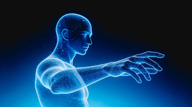 A 3D rendered digital human model composed of glowing blue particles, extending its hand forward in a futuristic abstract style.
