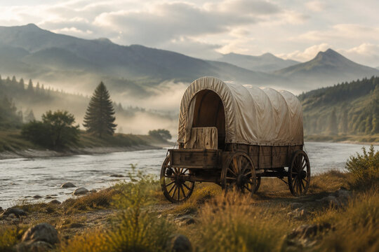 Covered wagon in a river valley at dawn, soft mist and warm light over the plains.