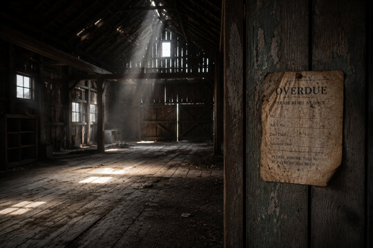 Empty abandoned barn interior with dust motes in sunbeams.