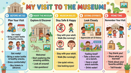 Fototapeta premium Educational Kids Museum Visit Guide Infographic with Rules and Tips