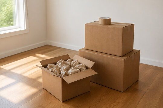 Stacked cardboard moving boxes with packing paper and tape in bright empty room