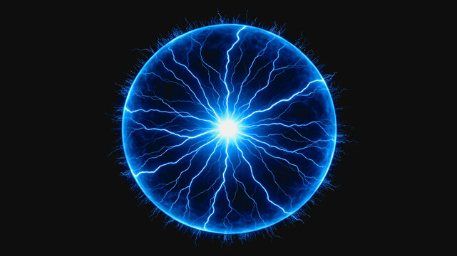 A bright blue plasma sphere with radiating electric arcs set against a dark background, showcasing electrical discharge.